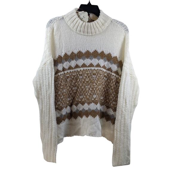 Knox Rose Fair Isle Sweater Mock Turtleneck Ivory L Knit Drop Shoulders Pullover - Picture 1 of 9